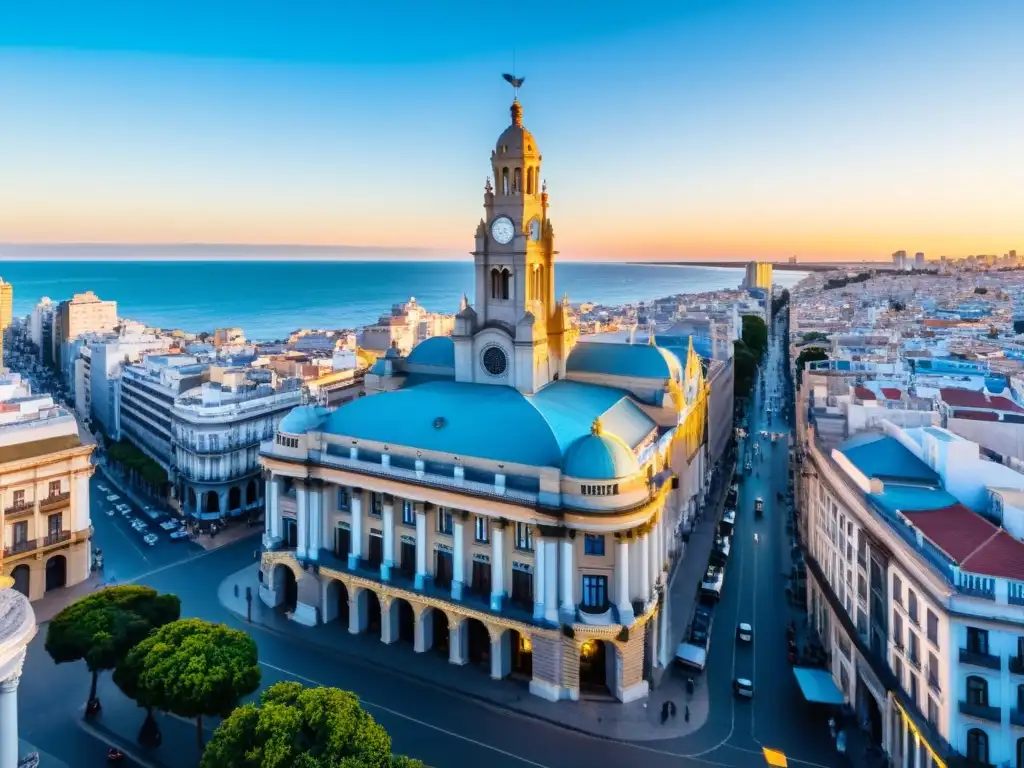 Cultura y belleza en Uruguay se entrelazan en la vibrante escena de Montevideo, con el icónico Palacio Salvo al atardecer