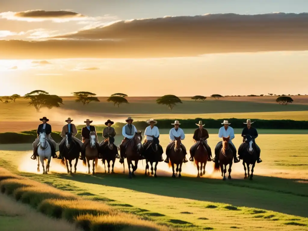 Cultura de los Gauchos Uruguayos al atardecer, cabalgando en las doradas Pampas, conduciendo ganado Hereford junto a una estancia tradicional