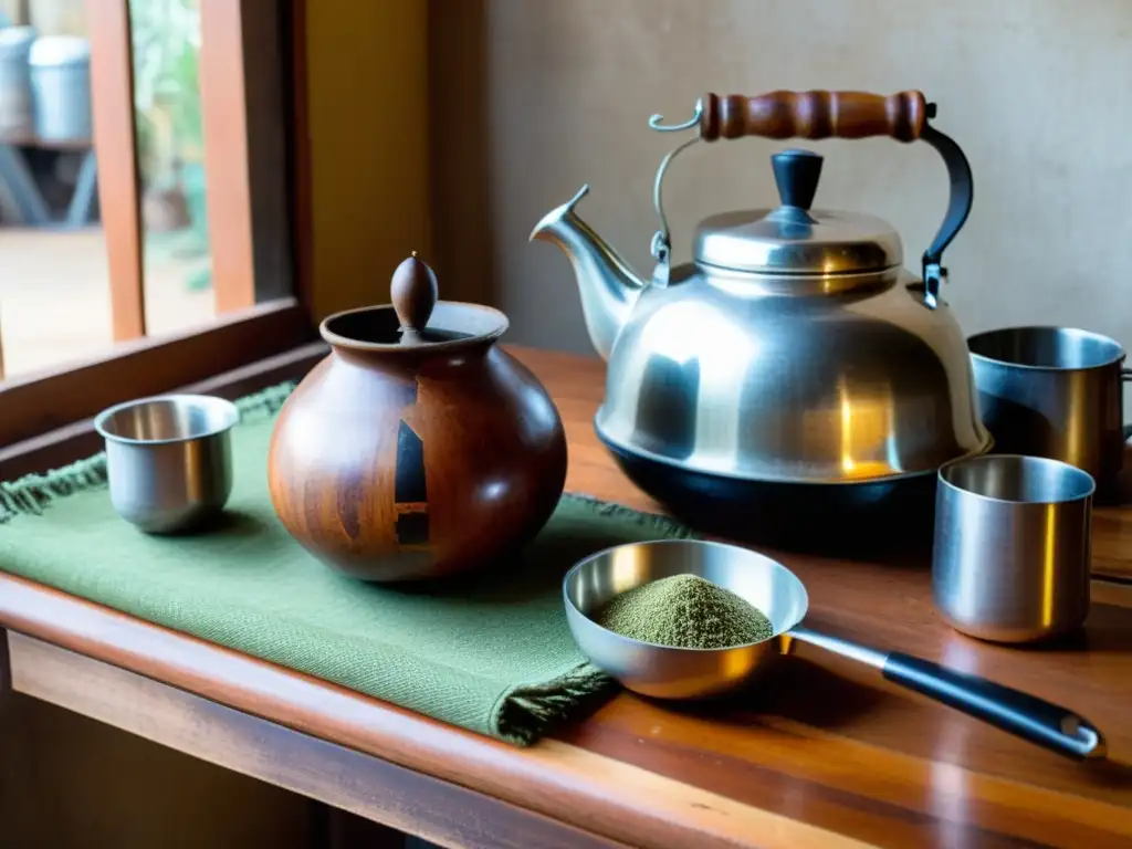 Cultura del mate en Uruguay: Una mesa rústica iluminada por luz natural, con utensilios tradicionales de mate, una vista de la campiña uruguaya