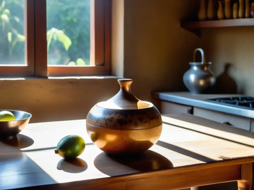 Cultura del mate en Uruguay: mesa rústica iluminada por sol filtrado, calabaza y bombilla de plata rodeada de ingredientes locales