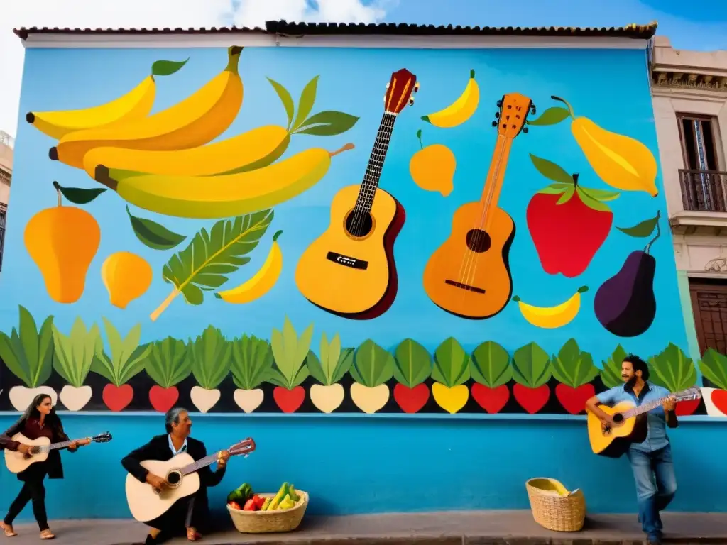 Disfrutar cultura uruguaya bajo costo en un ajetreado mercado de Montevideo, lleno de colores, arte callejero y melodías tradicionales