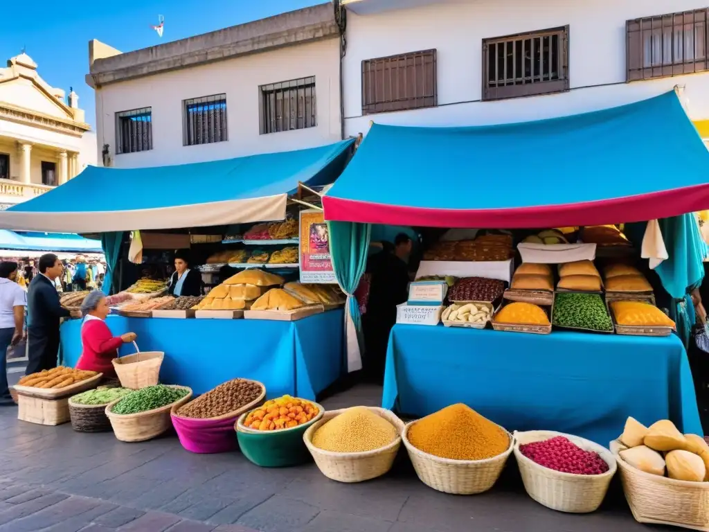 Disfrutar cultura uruguaya bajo costo: mercado bullicioso en Montevideo, lleno de color, música y sabores tradicionales