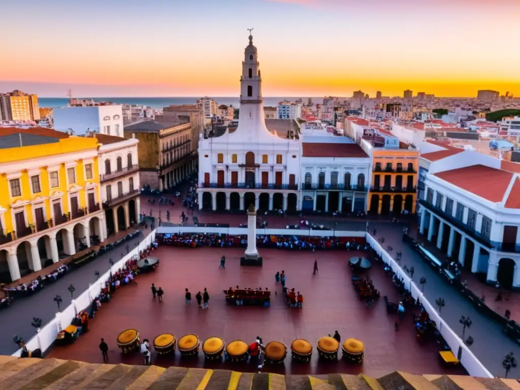 Disfrutar cultura uruguaya bajo costo: vista de la Ciudad Vieja de Montevideo al atardecer, lleno de historia y ritmo