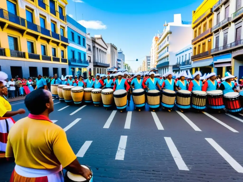 Descubre la cultura uruguaya detallada en un bullicioso Carnaval de Montevideo, con ritmos de tambores de Candombe y alegría desbordante