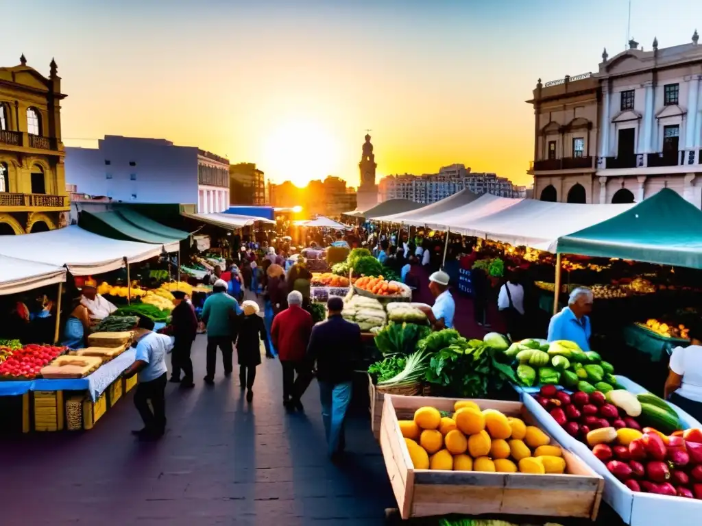 Descubre la cultura uruguaya detallada en un bullicioso mercado de Montevideo, lleno de color, vida y sabores únicos