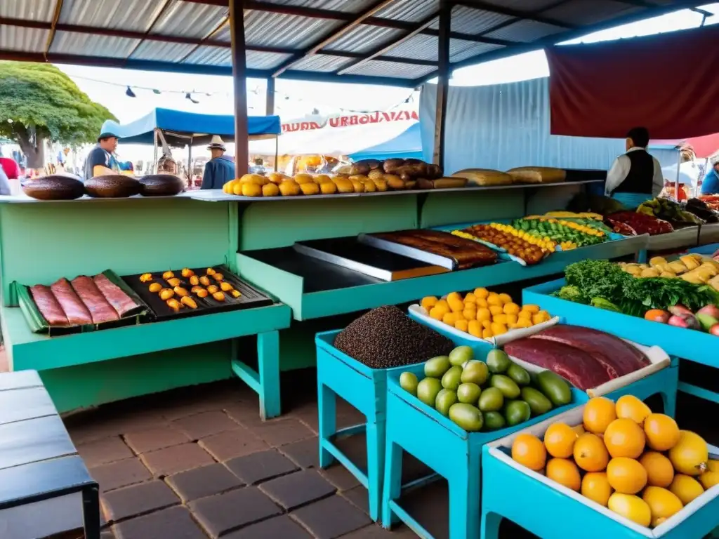 Descubre la cultura uruguaya detallada en un bullicioso mercado local, lleno de vívidos frutos, asados y vistas de Montevideo