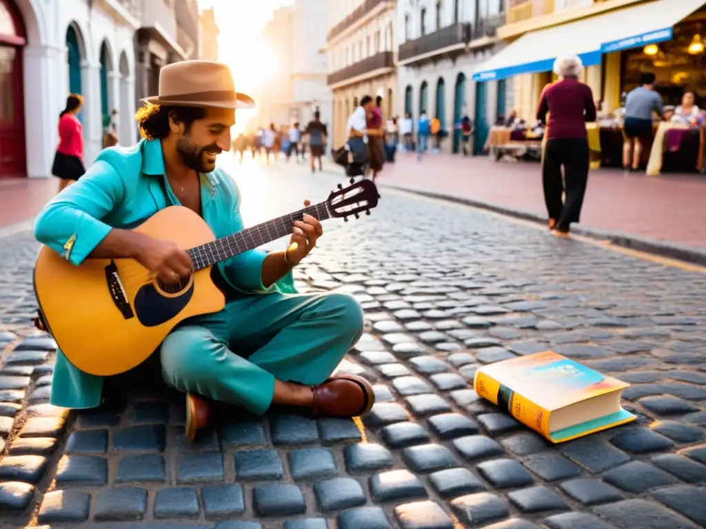 Descubre la cultura uruguaya detallada en una calle bulliciosa de Montevideo al atardecer, llena de arte, literatura y vibrante vida