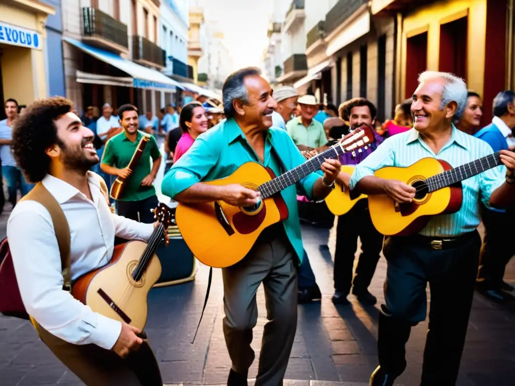 Descubre la cultura uruguaya detallada en un vibrante escenario callejero de Montevideo, con músicos apasionados y espectadores danzando al atardecer