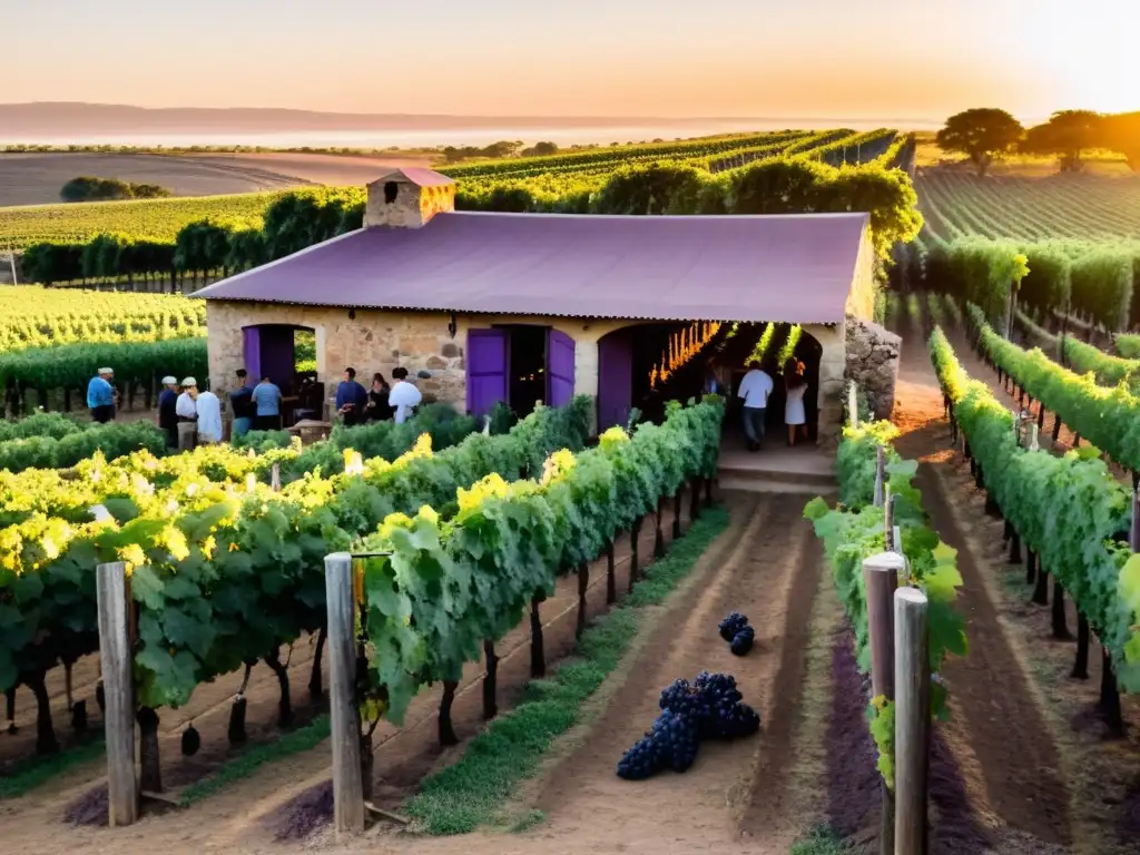 Cultura del vino en Uruguay: viñedo rebosante bajo el cálido sol, uvas moradas maduras y bodega rústica, con amantes del vino disfrutando la cata