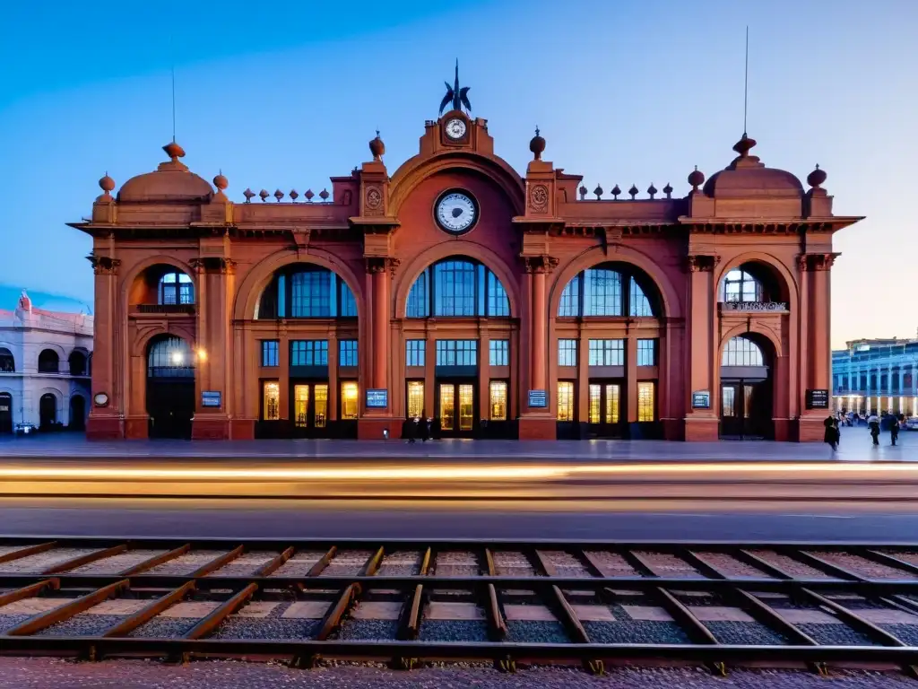 Estación AFE Montevideo centro cultural iluminada al atardecer, uniendo pasado y presente con artistas y música en vivo