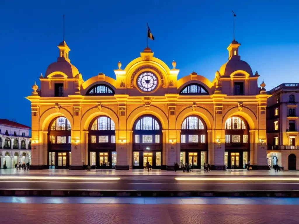 Estación AFE Montevideo, centro cultural y joya arquitectónica, resplandece bajo un cielo crepuscular, siendo epicentro de arte y vida