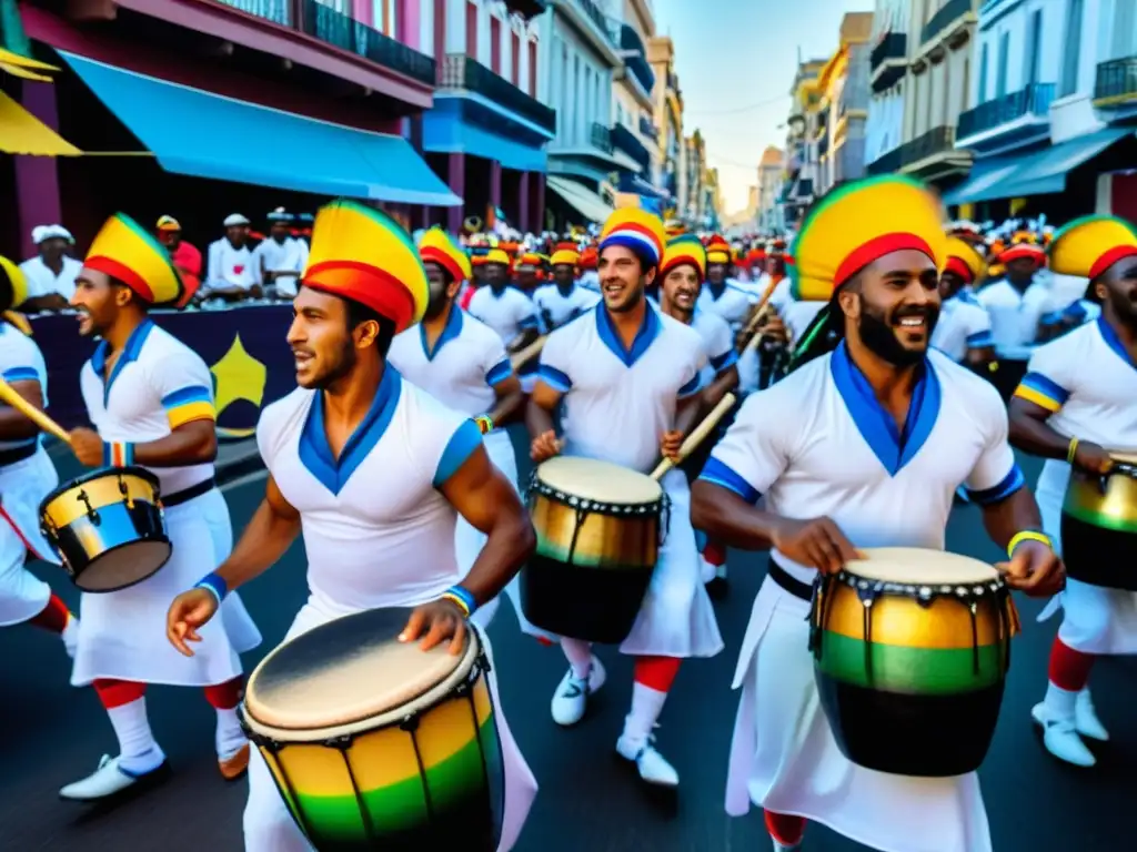 Procesión de Candombe tradición cultural uruguaya en Montevideo, llena de energía y ritmo, con tambores y danzantes bajo un cielo dorado