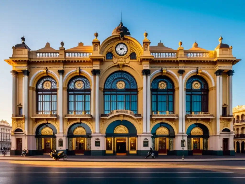 Estación AFE Montevideo centro cultural brillando bajo un ocaso dorado, reflejo de historia y vida urbana