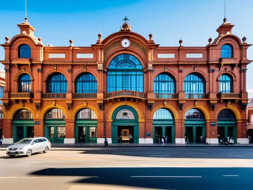 Estación AFE Montevideo centro cultural, en un resplandor dorado, llena de vida, arte y música, con su antiguo encanto resaltado en los detalles