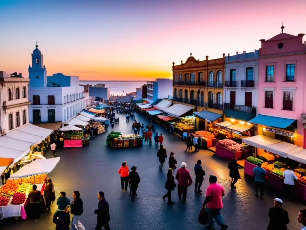 Inmersión cultural en las tradiciones de Uruguay: bullicioso mercado de Montevideo al atardecer, lleno de vida y color