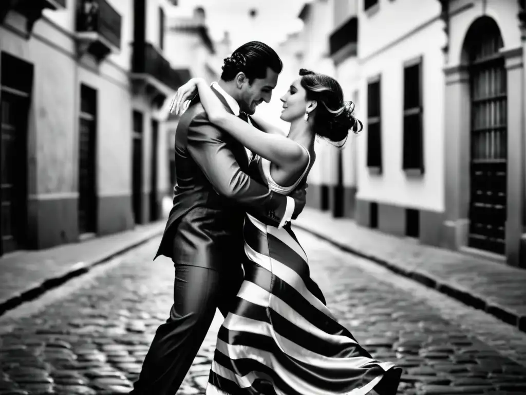 Inmersión cultural en las tradiciones de Uruguay: Pareja bailando tango apasionadamente en una histórica calle de Montevideo