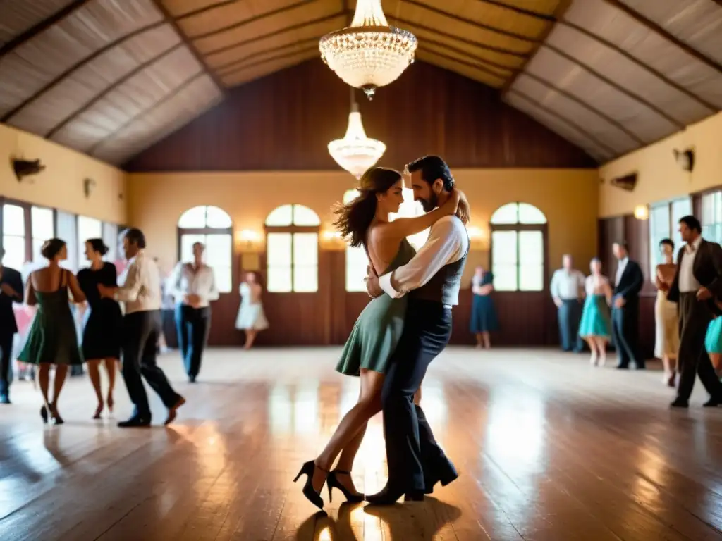 Milonga en Uruguay, tradición cultural viva en un antiguo salón de baile rústico, parejas danzando apasionadas bajo cálidos candelabros vintage