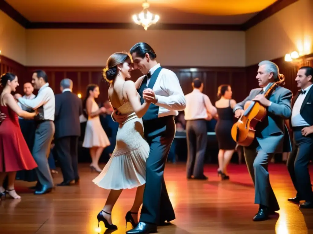 Milonga en Uruguay, tradición cultural viva, con parejas jóvenes y mayores bailando tango al ritmo de acordeón y violín, rodeados de historia