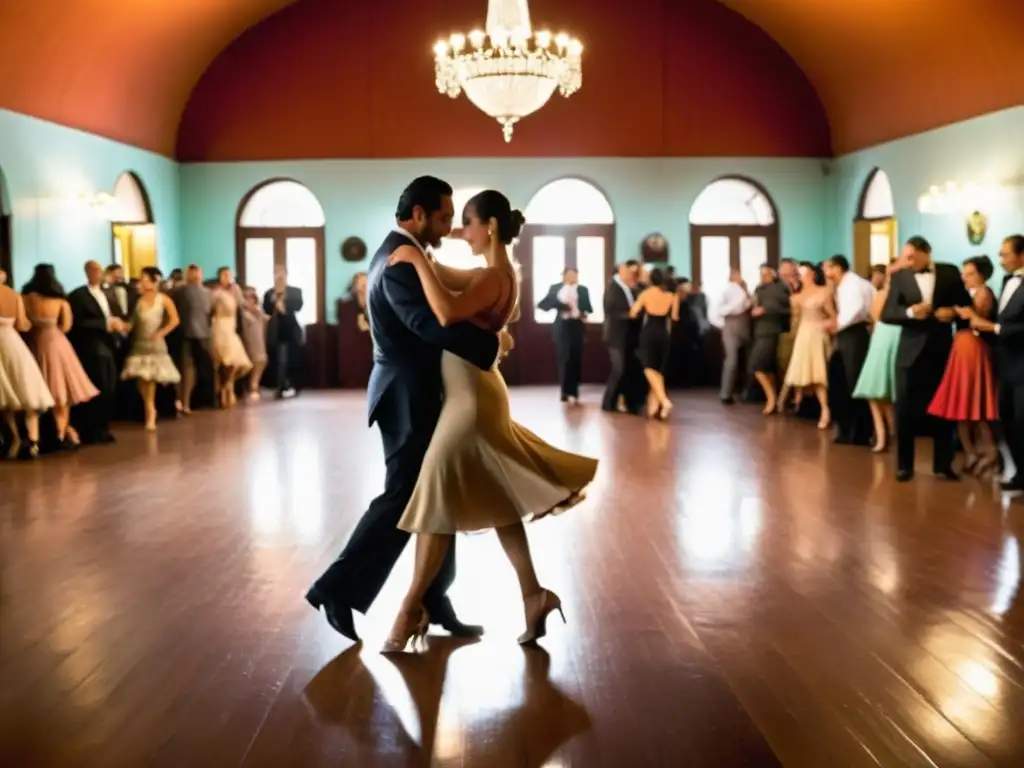 Milonga en Uruguay, tradición cultural viva, con parejas danzando al ritmo de bandoneón y violín bajo cálidos candelabros antiguos