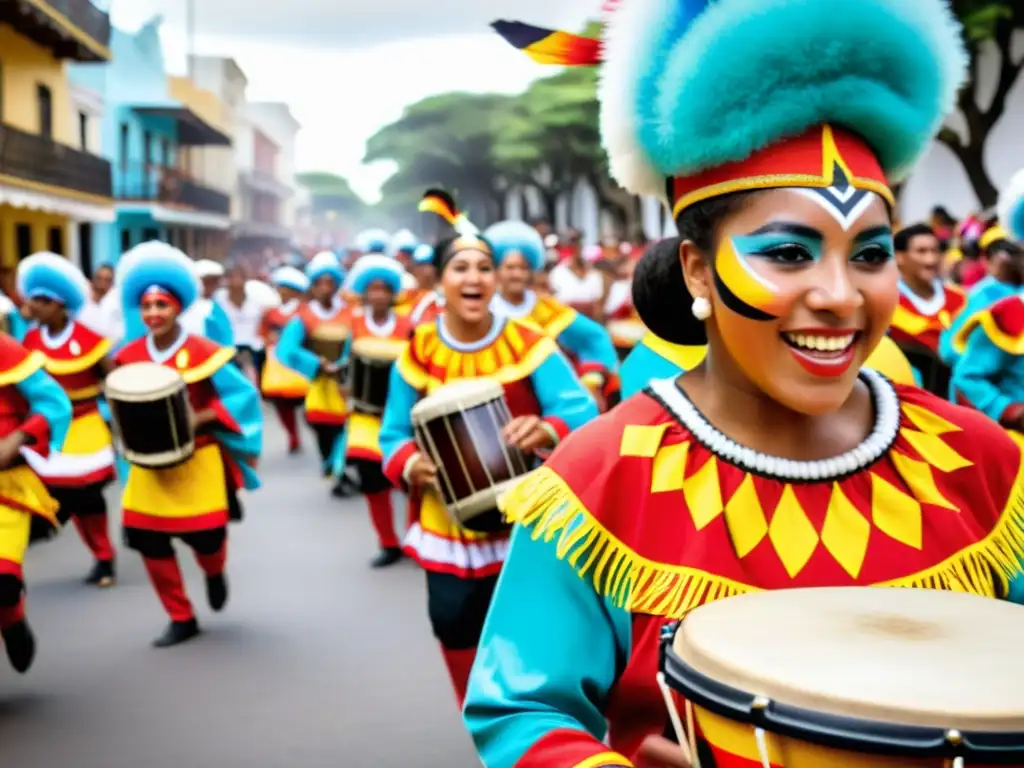 Candombe: Música y Danza AfroUruguaya cobrando vida en un festival callejero de Montevideo, con danzantes vibrantes y tambores apasionados