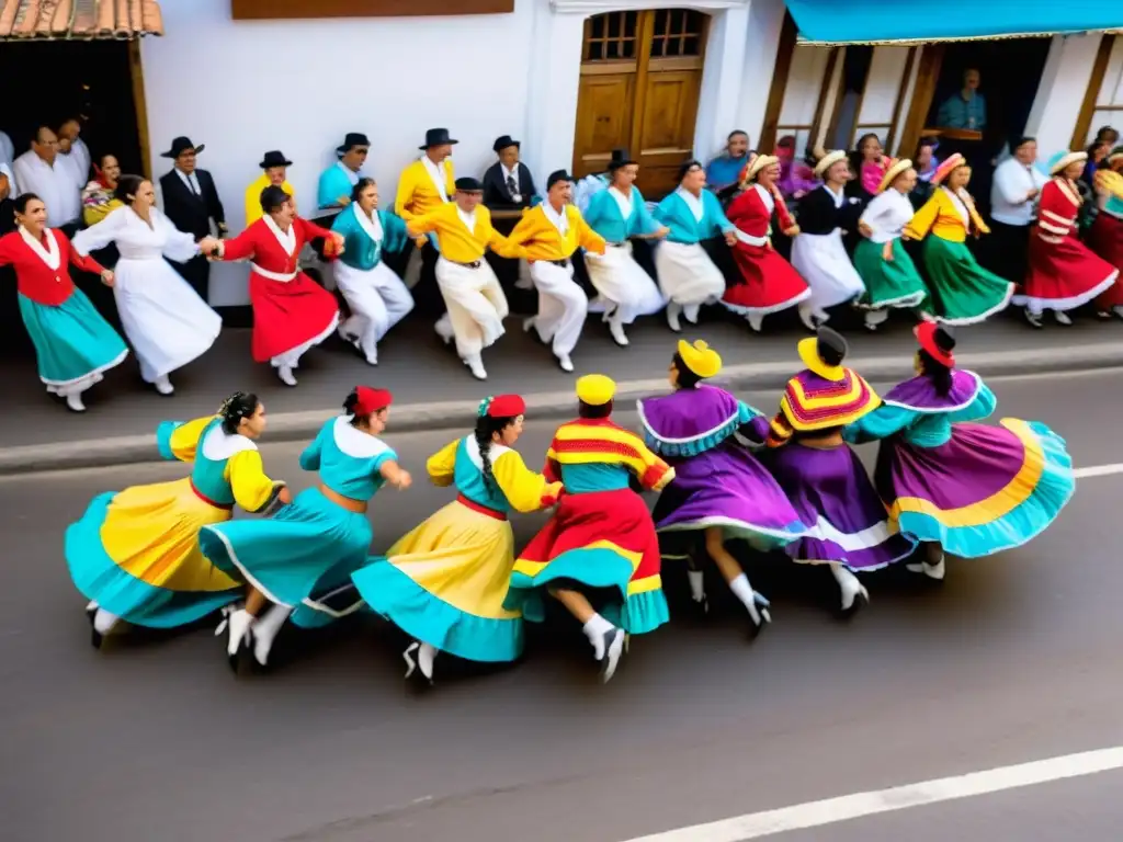 Danza de tradiciones culturales uruguayas en fotografía, llenas de color y energía, bajo el cálido sol de Montevideo