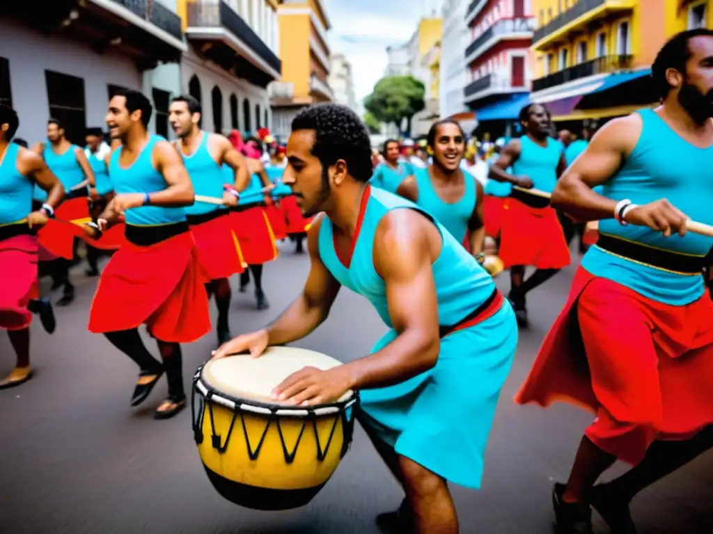 Candombe: Música y Danza AfroUruguaya vibrante en Montevideo, con danzantes coloridos, tambores sonando y espectadores emocionados