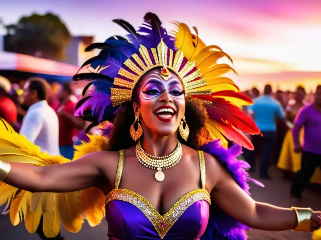 Danzarina de candombe enérgica deslumbrando en el Carnaval de Uruguay, tradición llena de color y música, al atardecer