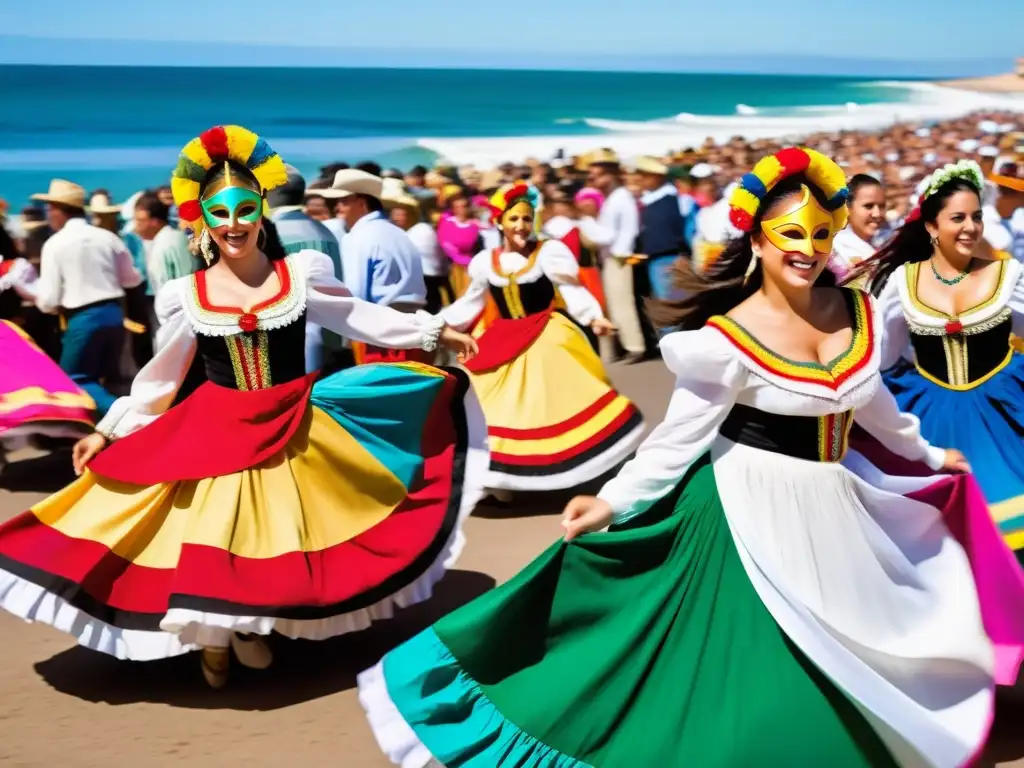 Danzarines en coloridos trajes tradicionales enérgicamente girando en un festival uruguayo bullicioso, donde la tradición y la modernidad se entrelazan, con espectadores capturando la alegría con sus smartphones y saboreando las delicias locales