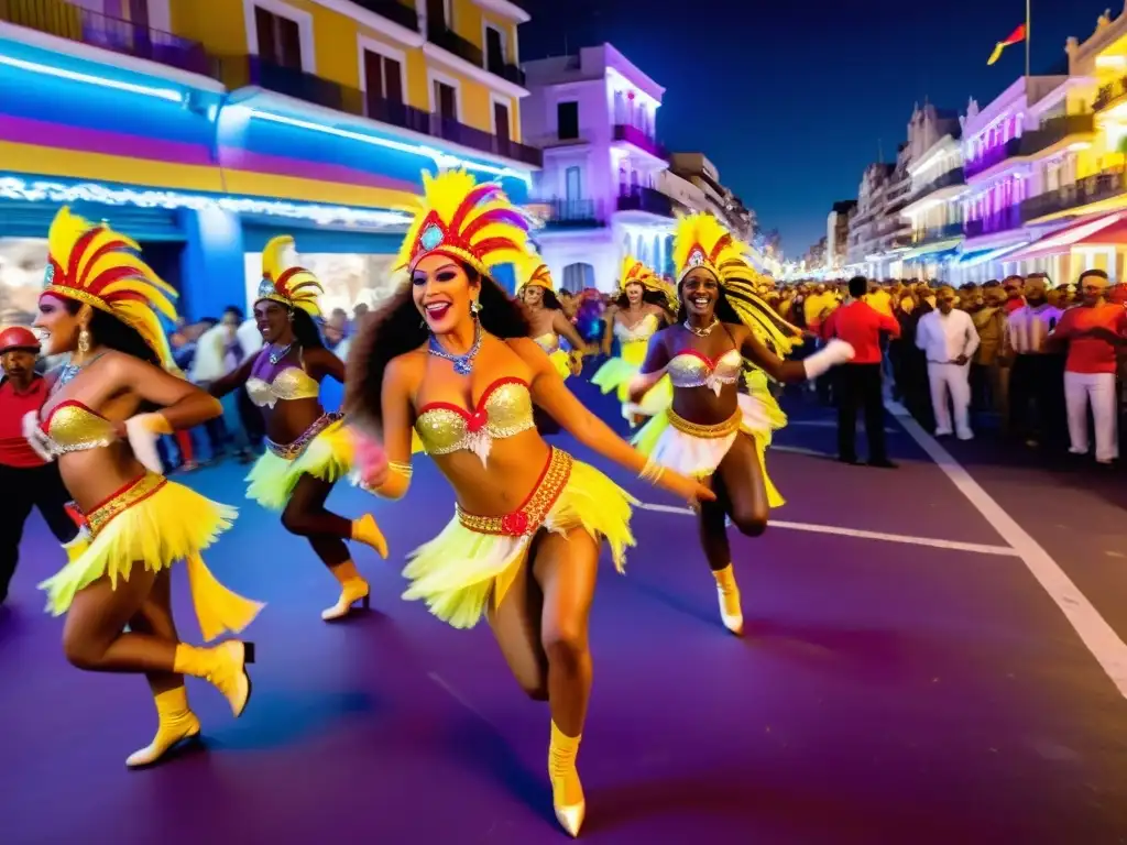 Danzarines deslumbrantes en el Carnaval de Montevideo, música y danza llenan la noche vibrante, bajo la arquitectura histórica iluminada