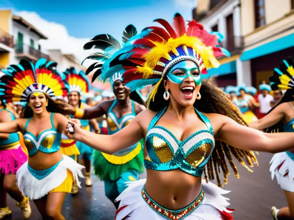 Danzarines vibrantes en el Carnaval Uruguay, tradición color música, entre luces festivas, tamboriles y alegría