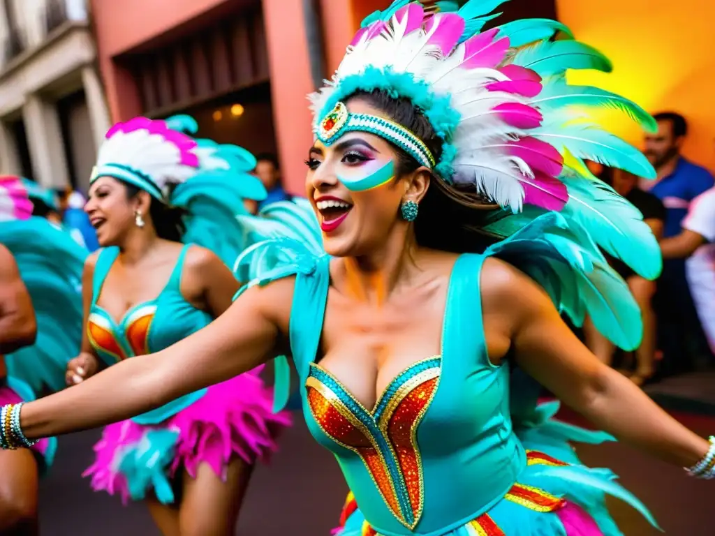 Danzarines vibrantes del Carnaval Uruguay, la tradición color música, desfilan en Montevideo bajo un cielo azul brillante