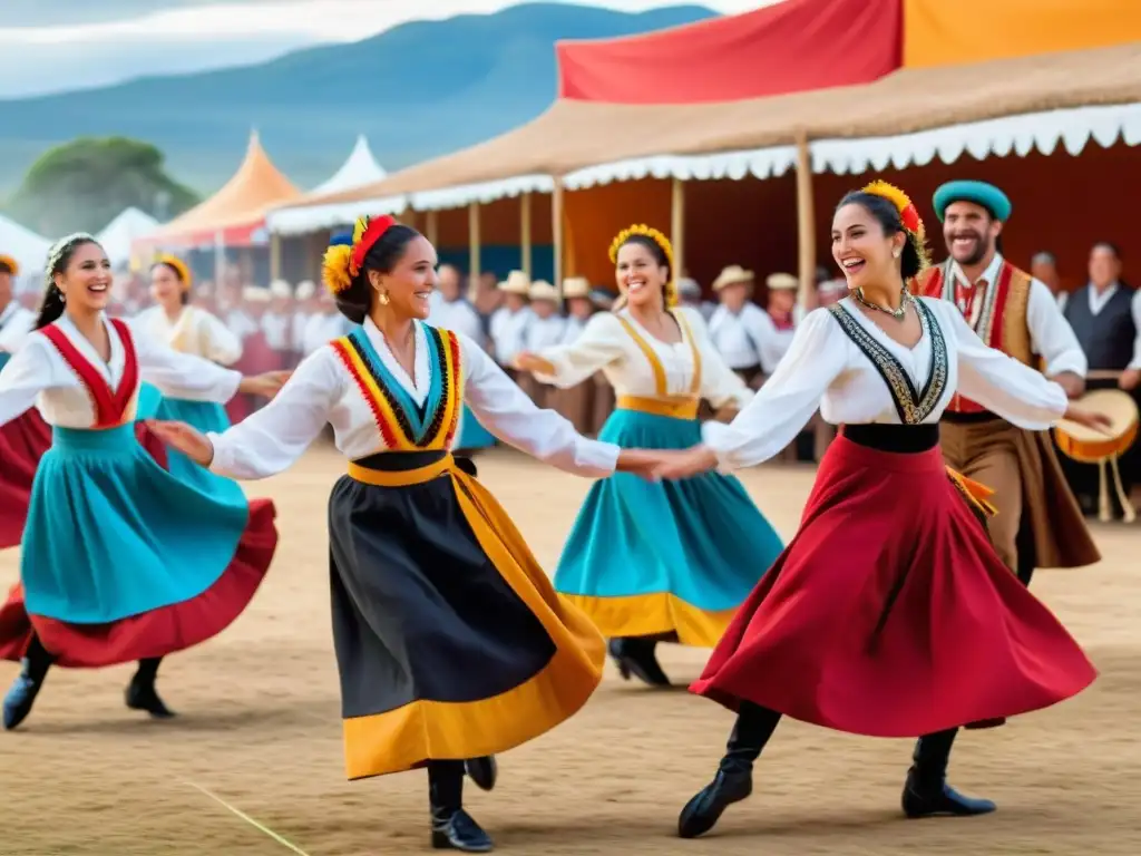 Danzas tradicionales Uruguay diversidad cultural brillan en un festival, con bailarines vibrantes y público emocionado, bajo banderas coloridas y arquitectura histórica