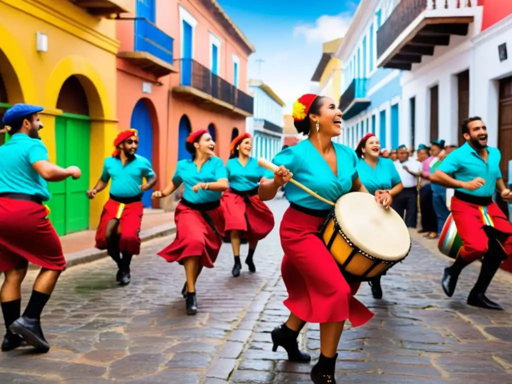 Danzas tradicionales Uruguay mostrando diversidad cultural: Candombe vibrante con bailarines coloridos y música de repique en un atardecer dorado