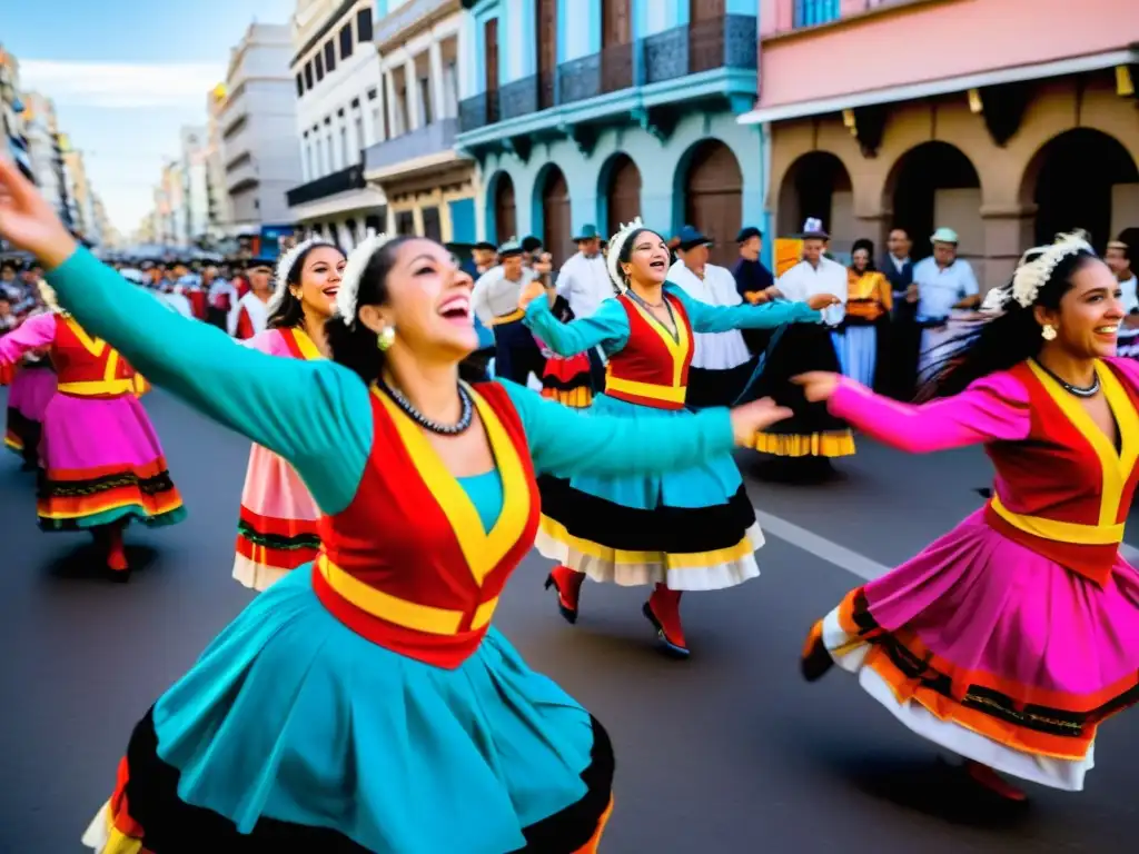 Danzas tradicionales de Uruguay en pleno corazón de Montevideo, mostrando la diversidad cultural en un vibrante festejo lleno de color y emoción