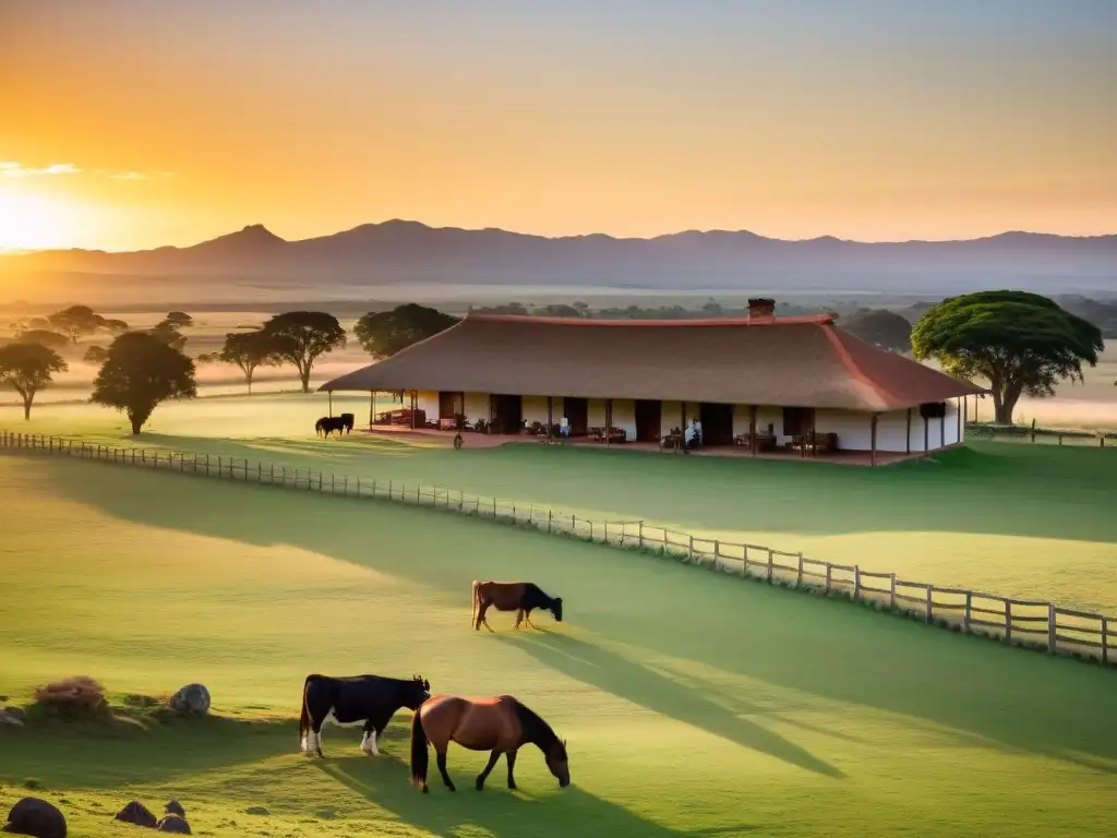 Dawn en estancias uruguayas, cultura gauchos en acción, armonía entre asado y paisajes de ensueño bañados en luz dorada