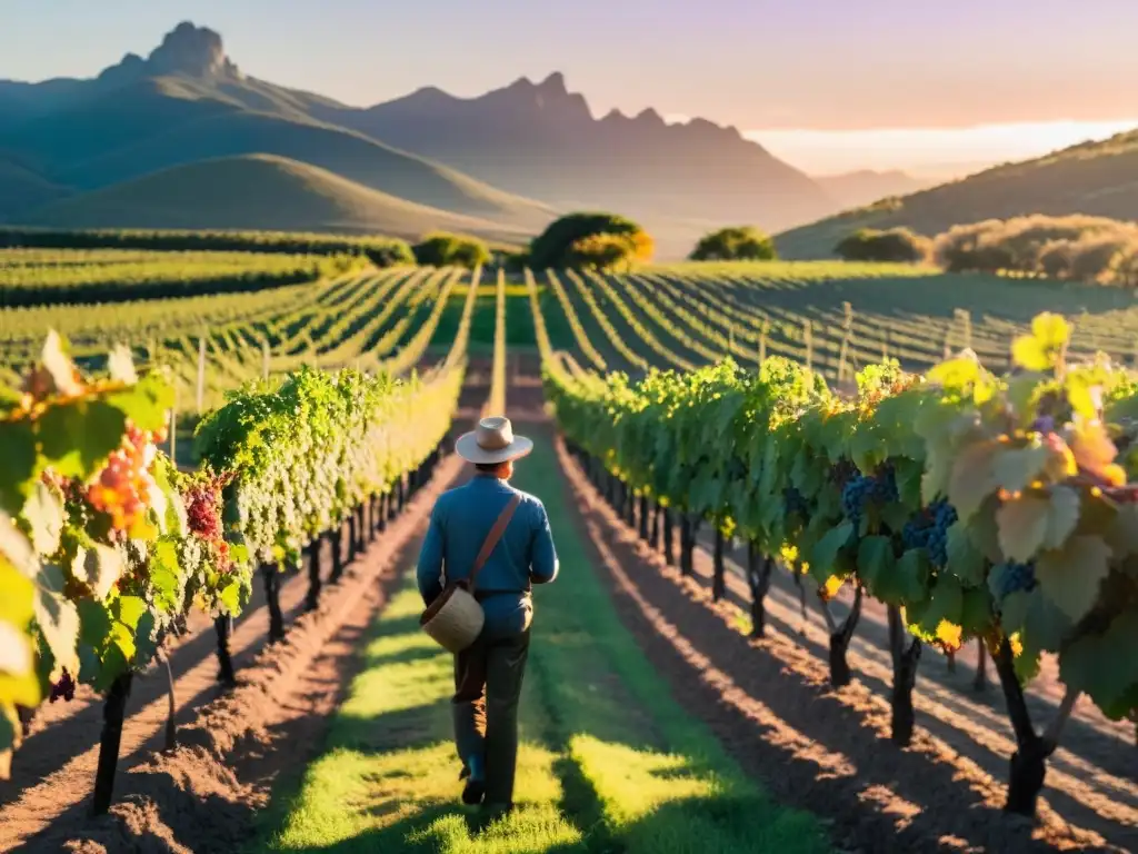 Dedicado viticultor, en auténtico atuendo uruguayo, inspecciona uvas Tannat al amanecer en una viña de Uruguay