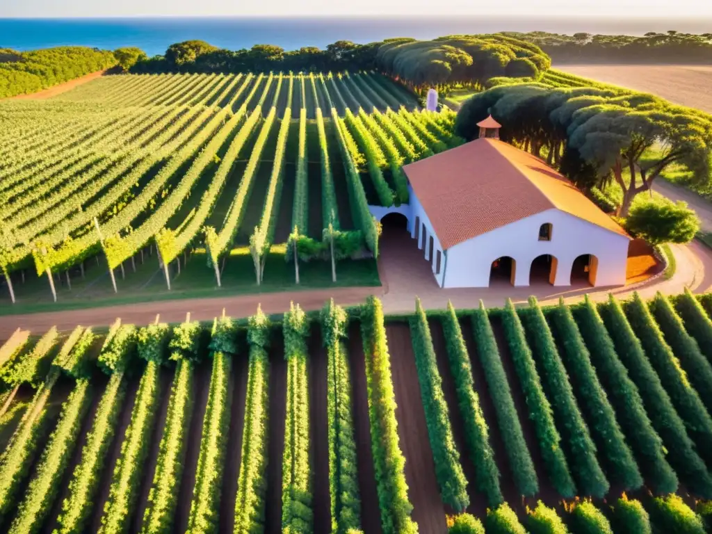 Degustación de vinos al atardecer en la ruta de lujo vinos Uruguay, con viñedos majestuosos y cielo colorido