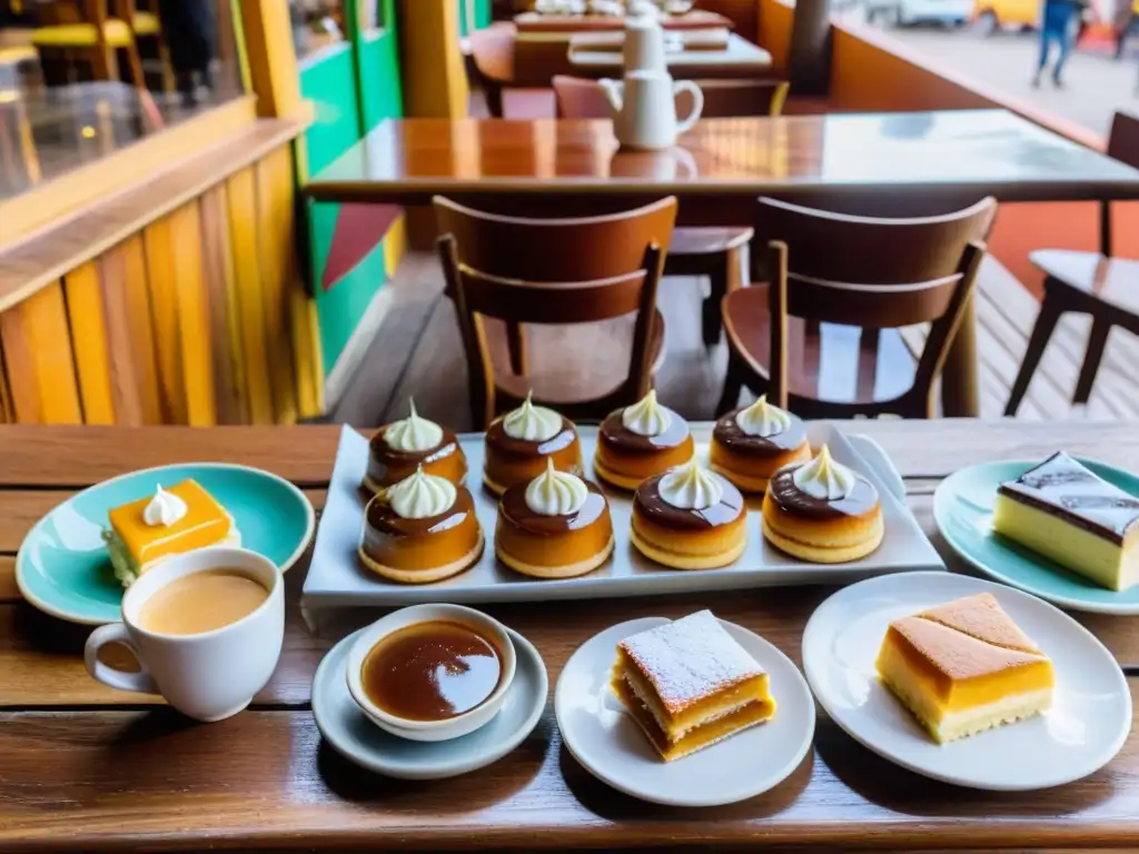 Deliciosos postres uruguayos tradicionales, como flan y alfajores, brillan bajo una luz acogedora en un bullicioso café de Montevideo