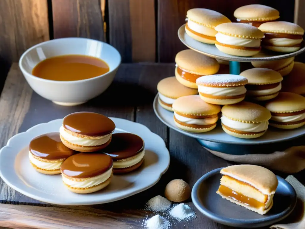 Deliciosos postres uruguayos tradicionales sobre una mesa rústica: Alfajores, flan y Pastafrola, en un paisaje vibrante y auténtico