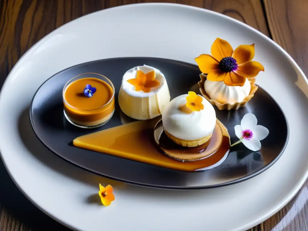 Deliciosos postres uruguayos tradicionales reinventados y presentados con elegancia bajo una cálida luz en una cocina moderna