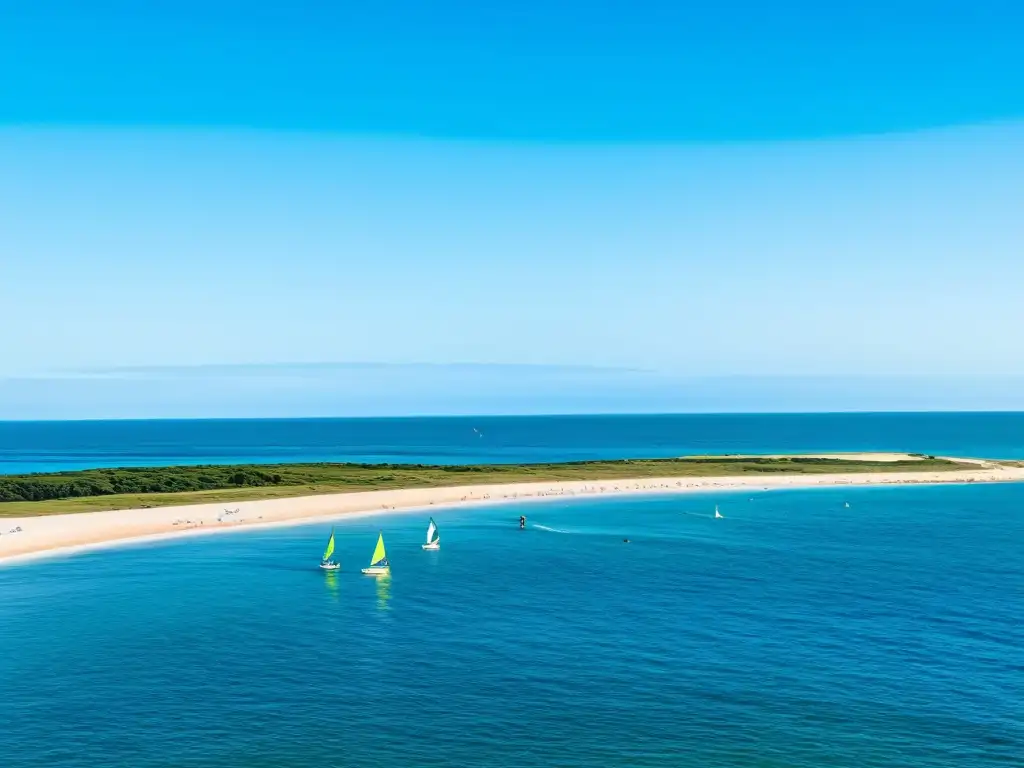 Deportes acuáticos en Uruguay: atletas disfrutan windsurf, jet ski y kayak bajo un cielo cristalino en una costera panorámica