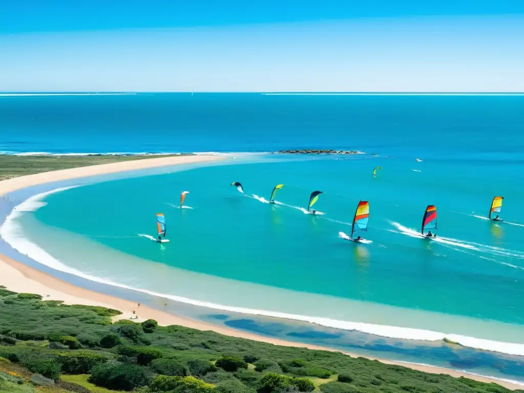 Deportes acuáticos en Uruguay: windsurfistas, surfistas, y kayakistas disfrutando del mar turquesa bajo el cielo azul brillante