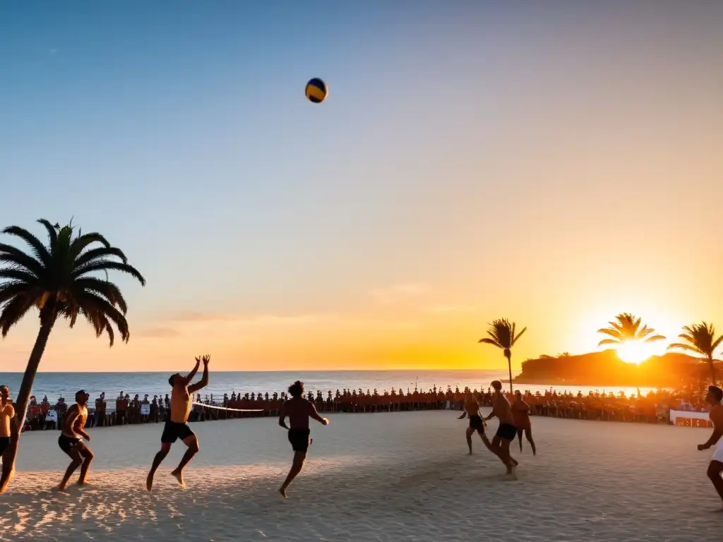 Vóley playa Uruguay, experiencia deportiva en un atardecer vibrante, jugadores saltando, público emocionado y palmeras al viento