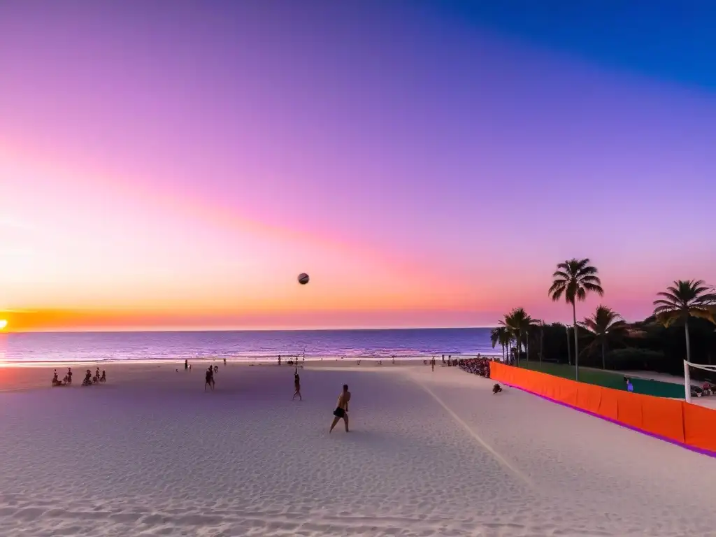 Vóley playa Uruguay experiencia deportiva, equipos compitiendo al atardecer, rodeados de palmeras y espectadores cautivados