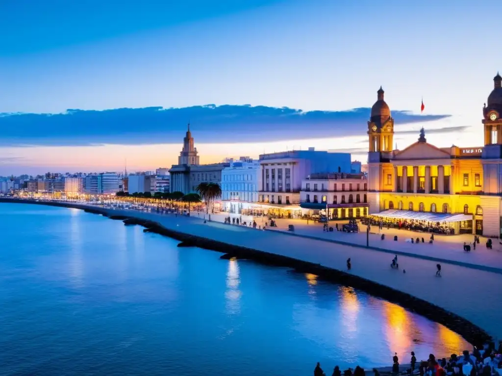 Desafíos contemporáneos inmigración Uruguay: panorama del atardecer en Montevideo, con multitudes diversas en la Rambla y el mercado vibrante