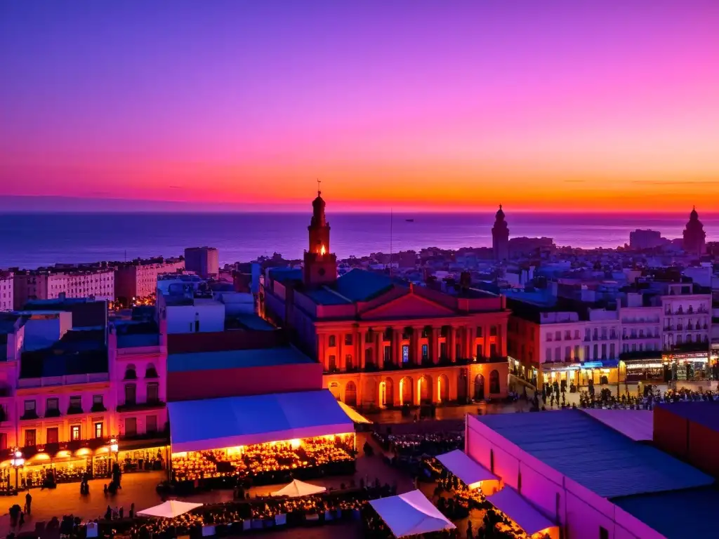 Desafíos contemporáneos de inmigración en Uruguay reflejados en un bullicioso mercado de Montevideo, bajo un atardecer etéreo