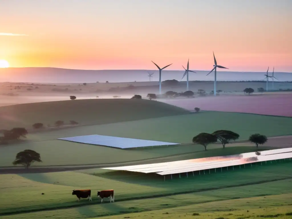 Desarrollo rural sostenible en Uruguay: granja ecológica, ganado libre y aldea despertando bajo un cielo rosado al amanecer