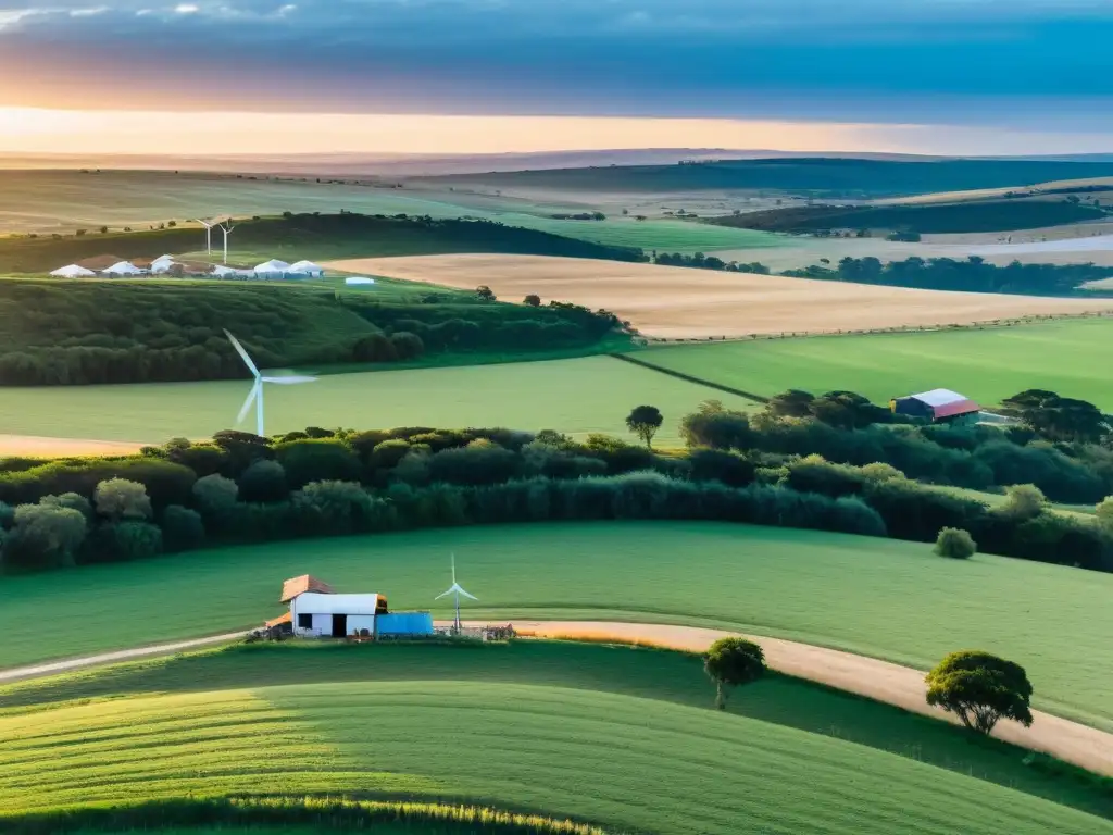 Desarrollo rural sostenible en Uruguay: finca ecológica con molinos de viento al atardecer, rodeada de campos verdes y un cielo anaranjado