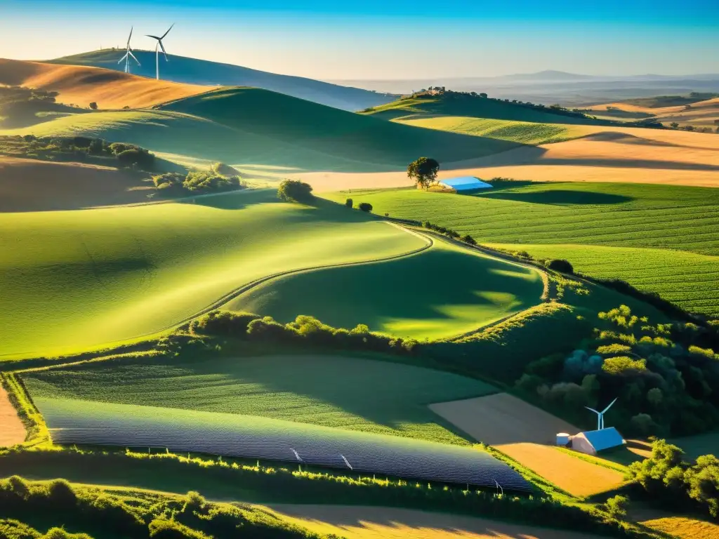 Desarrollo rural sostenible en Uruguay: turistas aprendiendo sobre granjas orgánicas y energía renovable al amanecer en un paisaje tranquilo