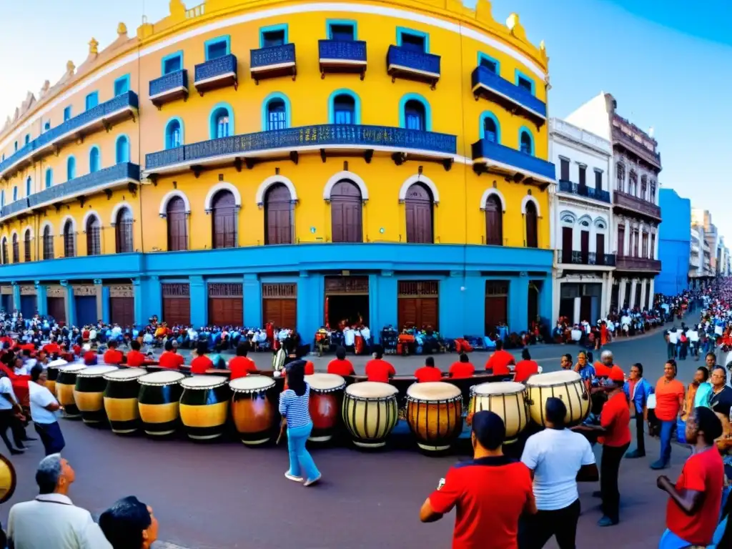 Desfile de Candombe en Barrio Sur, Montevideo, palpita la influencia africana en la cultura uruguaya, bajo un atardecer cálido